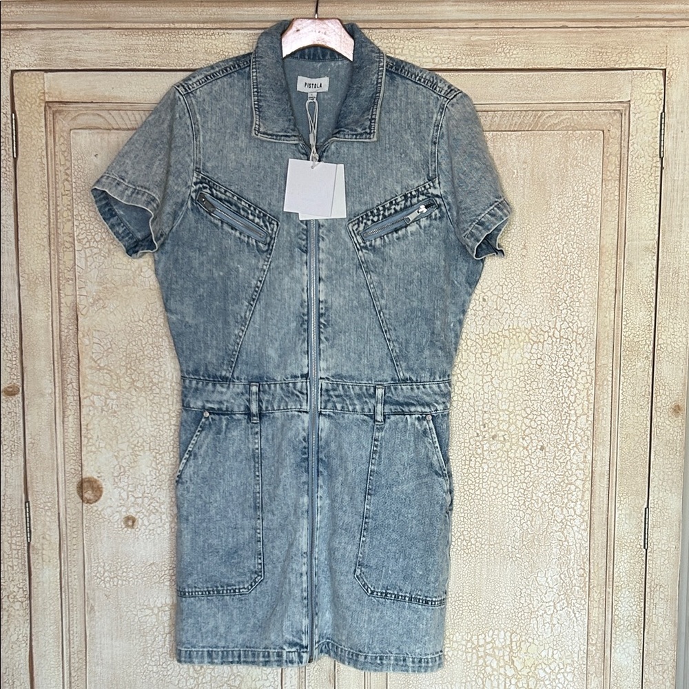 Pistola Denim Utility Mini Dress NWT Size L Zip Front Acid Wash